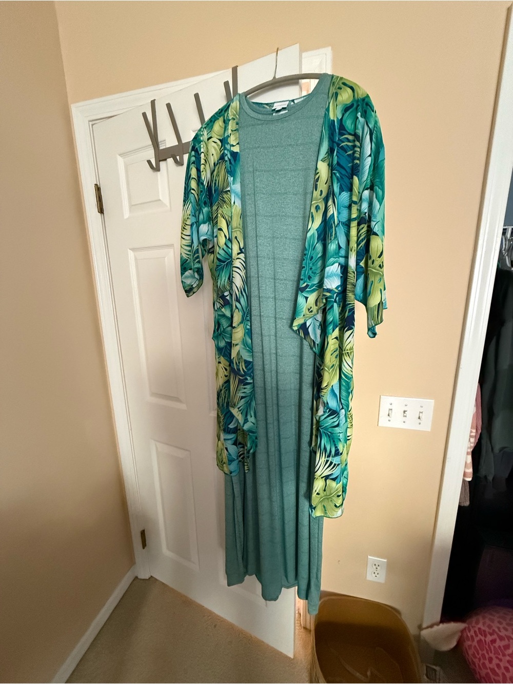 LuLaRoe Teal Maxi Dress with Tropical Green & Teal Kimono